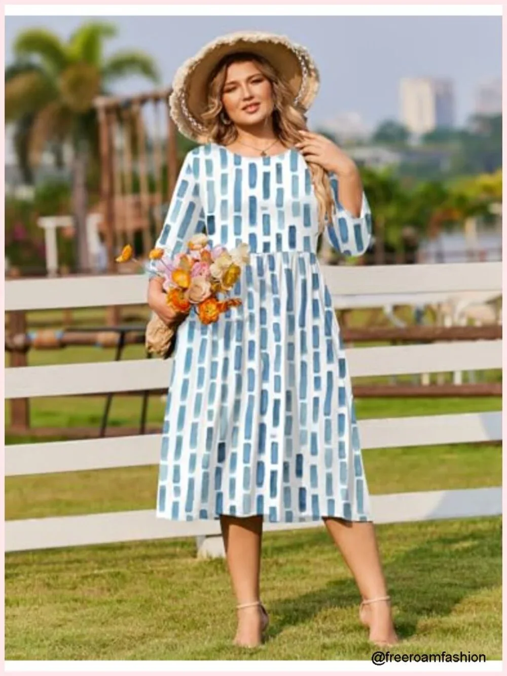Plus Size 3/4 Sleeve Midi Dress with Pockets Casual Flowy A-Line Boho